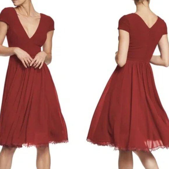 NWT Dress the Population Corey Medium Cap Sleeve Lace Trim Midi Dress Garnet - Picture 1 of 6